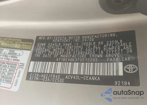 2007 Toyota Camry Le из США, поврежденный, VIN 4T1BE46K37U515292